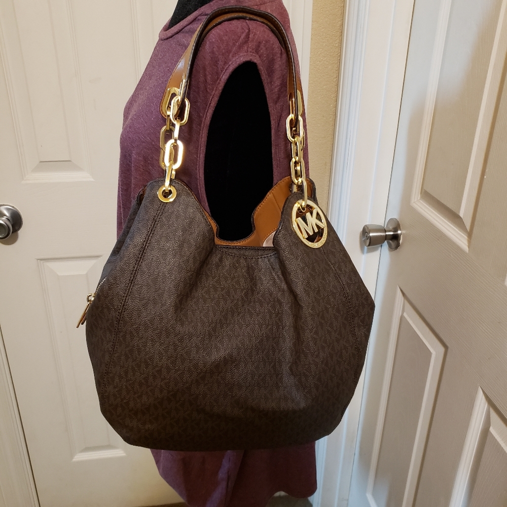 Michael Kors Monogram Leather Fulton Chain Handle Handbag.
